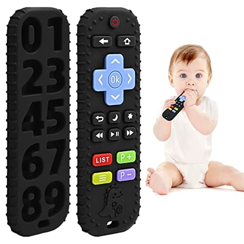 Teething Teething Rings Toy for Babies 0-6-12 Months Gifts, Remote Control Baby Teething Aid for 3 6 9 Months Toddler Autism, Food Grade Silicone Bath Toy, Black Teether