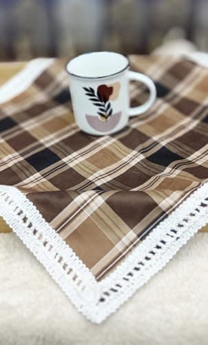 Generic Brown Plaid Tablecloth with White Crochet Lace Trim, Square, 50x50 cm, .kl