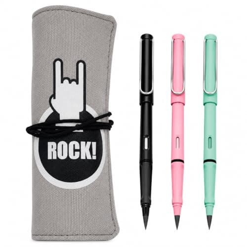 Wrap Pencil Case +3 Forever Pencils, Roll-Up Pencil Pouch, Reusable Canvas Pen Organizer with Elastic Band, Magic Inkless Pencils for School, Office, Drawing & Gift - ROCK Carrier bag case