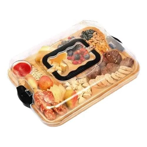 Generic Wooden Divided Container with Lid, 6 Compartments, Clip Handles, Silicone Gasket, for Snacks, Fruits and Vegetables, .sew