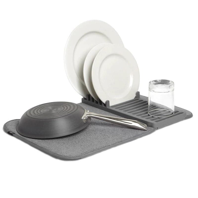 Streamlined Kitchen Dish Drainer & Organizer Set with Super Absorbent Drying Mats and Utensil Holder and Trays Smart Space Saving