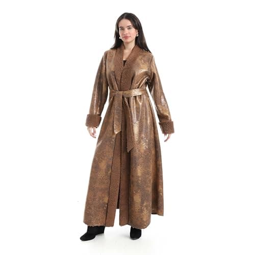 Red Circle Womens Open Front Slip On Fleeced Long Coat - Metallic Camel Leather coat Fur Outerwear