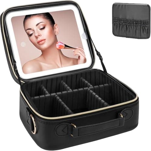 Makeup bag organizer Travel Makeup Case with LED Mirror, Travel Cosmetic Case with 3 Light Modes, Adjustable Dividers, Waterproof Organizer Box with Brush Slots for Women and Girls, X-595 (Black)