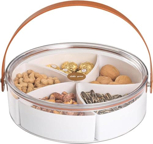 Andgogo Clear Divided Serving Tray with Lid and Handle, Portable Snack Fruit Tray with 5 Compartments, Snackle Box Container Platters Organizer for Candy Fruits Nuts Snacks Food storage container
