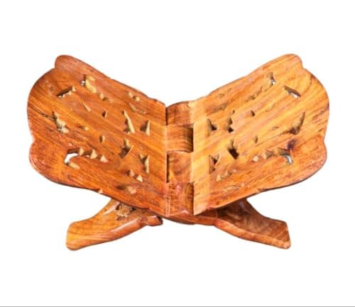 Shesham Wooden Hand Carved Quran Holder 32cm | Indian Handmade, Engravable Engraved, Foldable, Size 12.5x6cm, Natural Shisham Wood
