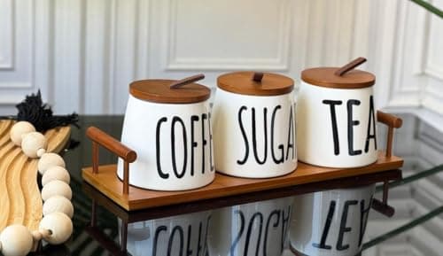 Generic Coffee, Sugar and Tea Canister Set, White with Wooden Lids and Serving Tray, 3 Piece, .flo Food storage container