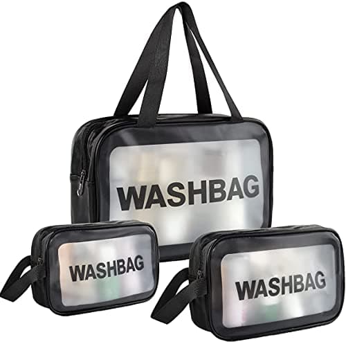 House of Quirk Clear Toiletry Bag, Wash Make Up Bag PVC Waterproof Zippered Cosmetic Bag, Portable Carry Pouch for Women Men (Set of 3 Bag Black) Cosmetic case