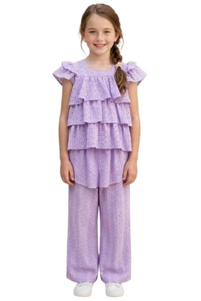 Billion Girls Casual Ruffle Tiered Blouse And Wide-Leg Pants Set, Elegant Embroidered Summer Outfit SG26-283 Coordinated outfit