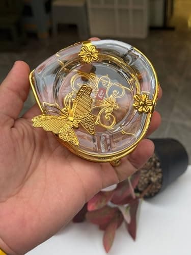 Generic Glass Ashtray with Gold Metal Stand, Butterfly and Floral Design, Clear and Gold, Decorative Style, .soh