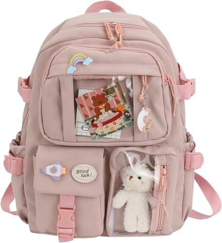 Kids School Backpack with Multiple Pockets and Accessories | Clear Window Pockets, Plush Bear Included, 30 x 40 x 11 cm, Decorative Pins, Girls School Bag