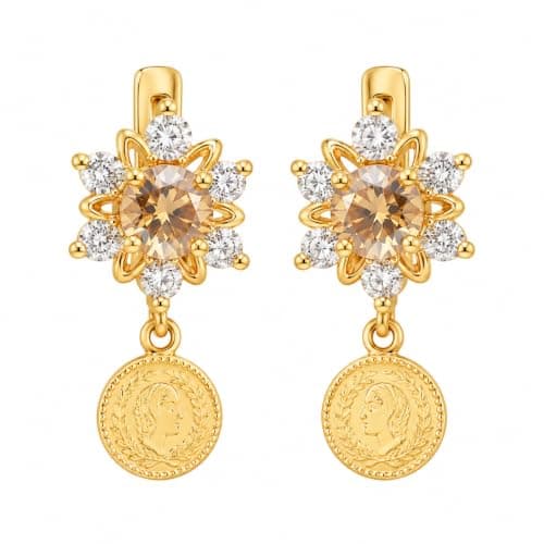 Women's Gold Floral Design Shiny Stones and Dangle Coin Earrings | Rustproof and Color Change Unique Floral Design Glitter Stone Drop Coin Women Accessory