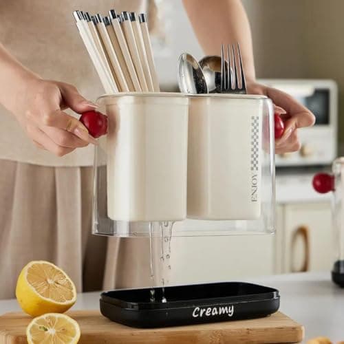 Double Plastic Cutlery Drainer Spoon Holder with Removable Water Base
