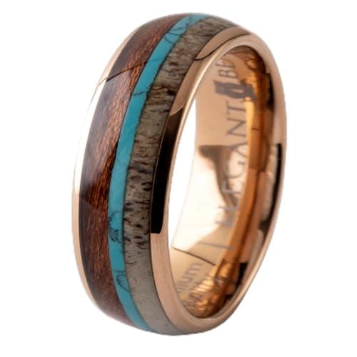 Gold Tungsten Carbide Ring inlaid with natural koa wood, natural deer ivory and turquoise stone A111