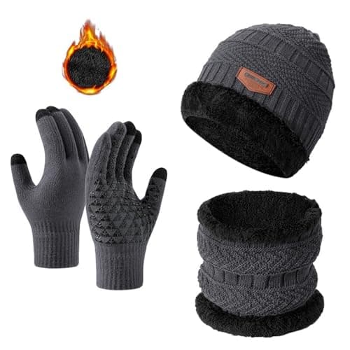Beanie Scarf Glove Set Winter Warm 3 in 1 Knitted Beanie Neck Gaiter Gloves Non-Slip Touch Screen Fleece Lining for Men Women Apparel