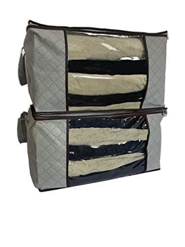 Fresh 2 Pack Large Capacity Closet and Under Bed Foldable Storage Bag Organizer with Reinforced Handles, 3 Layer Fabric and Double Zipper for Comforters, Bedding and Clothes (Grey-55L)