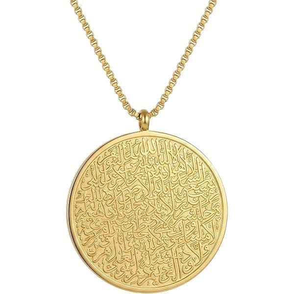 Gold Tone Round Necklace with Islamic Arabic Calligraphy Engraving, Elegant Design on Thin Chain