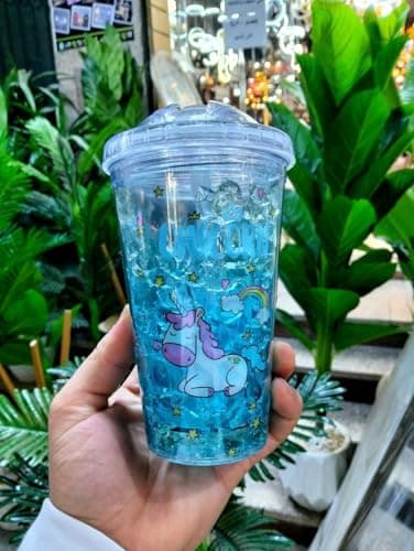 Generic Double Wall Tumbler, Blue Acrylic Travel Cup with Rainbow Design, 500ml Capacity
