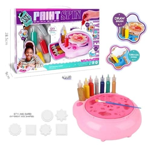 Paint Spin DIY Art Set for Kids, with Spinning Turntable, Colour Bottles, Draw Brush and Styling Cards Art craft kit