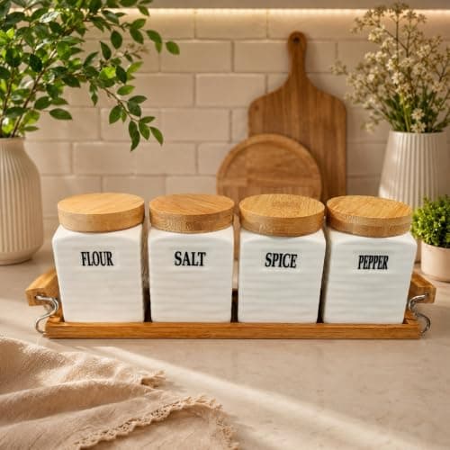 Generic Spice Jars Set of 4 with Lids and Tray, for Flour, Salt, Spice and Pepper, White, .Ais