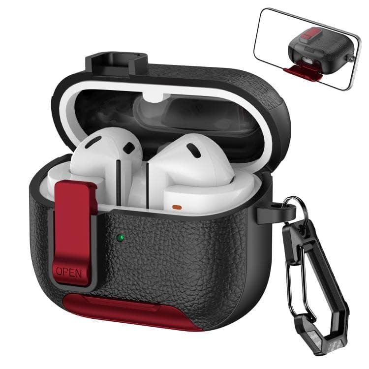 Compatible with Samsung Galaxy Buds3 / Buds3 Pro Leather Texture Wireless Earphones Case with Hook & Holder (Black/Red) Portable electronic device cover