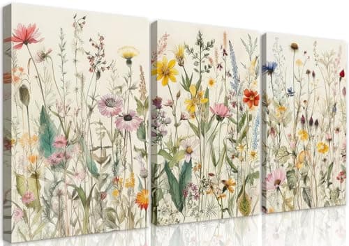 QGNBGBJ 3 Pcs Framed Flowers Canvas Wall Art Watercolor Floral Botanical Prints Wildflower Pictures Wall Decor Colorful Plant Paintings Posters for Bathroom Living Room Bedroom Office Kitchen(16x24in)