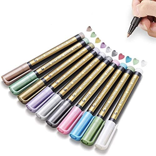 TOUCHLECAI Metallic Markers - Permanent Paint Marker Pens for Rock Painting, Black Paper, Gift Card Making, Scrapbooking, Fabric, Metal, Ceramics, Wine Glass, Set of 10 Marking pen