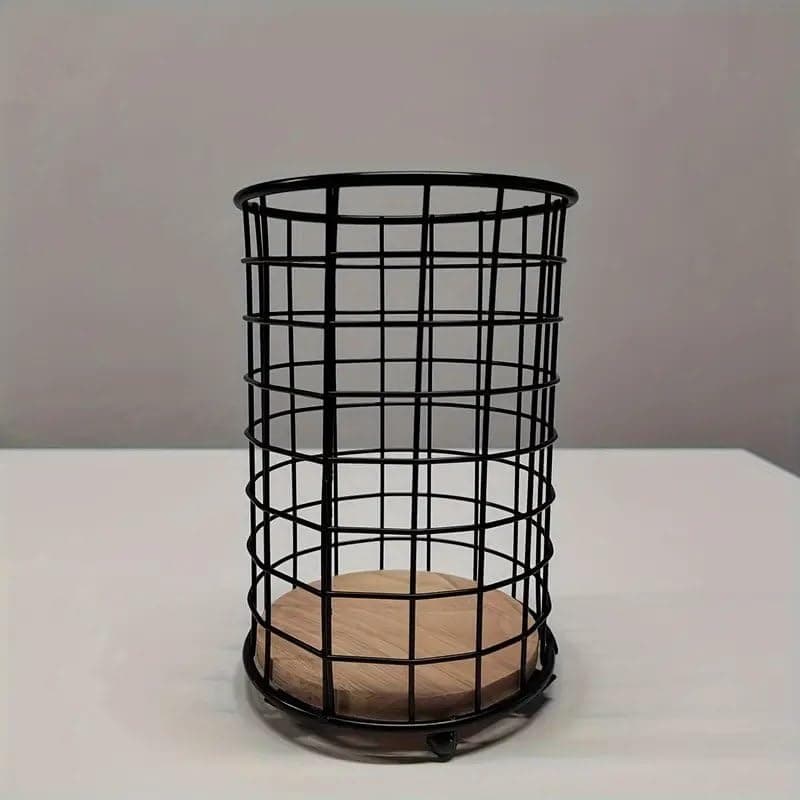 Generic Black Metal Wire Cutlery Organiser, Cylindrical Drainer with Wooden Base, Kitchen Utensil Holder, .db Item container