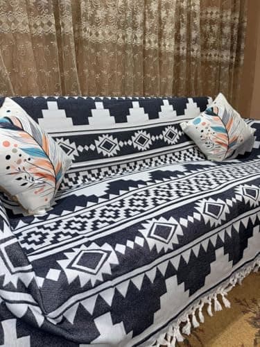 Generic Sofa Cover Blanket with Tassels, Navy Blue and White, Geometric Pattern, 240x260 cm, .Ims