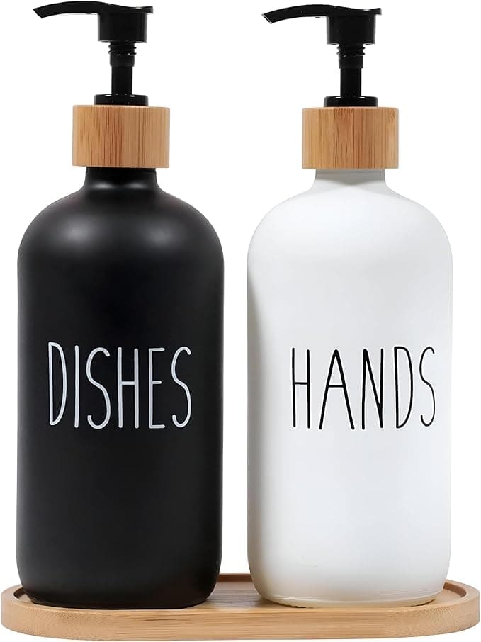 Glass Soap Dispenser Set, Dish Soap Dispenser for Kitchen Sink and Hand Dispenser for Bathroom with Bamboo Pump and Soap Tray, Home Decor Set of 2 (Black and White)
