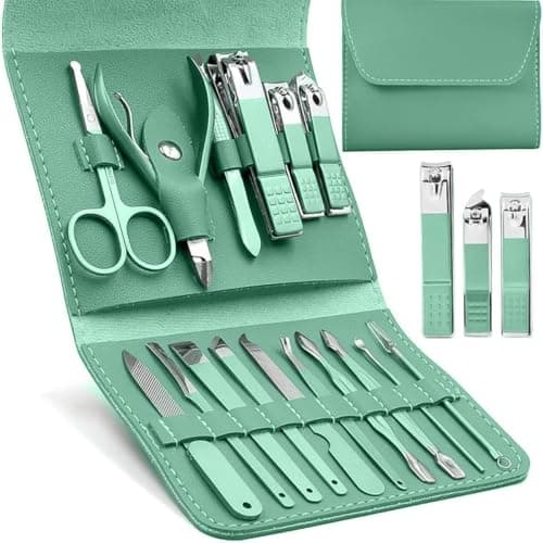 Manicure Set 16 Pcs, Stainless Steel Nail Clippers Pedicure Grooming Kit with Fingernail and Toenail Cutters, Cuticle, Eyebrow and Ear Care Tools, Portable Travel Case for Men and Women (Green)