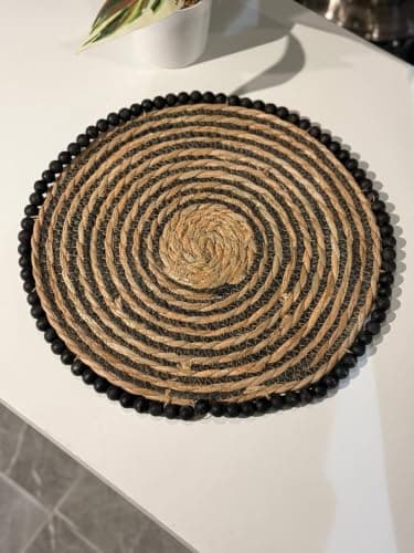 Generic Handmade Wicker Round Placemat with Black Beaded Edge, 39 cm, .soh