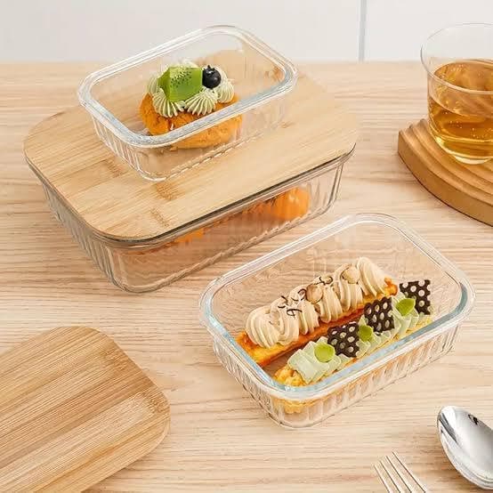 Generic Rectangular Ribbed Glass Refrigerator Container Set, Heat-Resistant, with Sealed Wooden Lid, 3 Sizes, .sew Food storage container