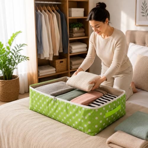 XL Storage Bag With Zipper Foldable Waterproof Dustproof Clothes Blanket Quilt Organizer Large Capacity Bedding Comforter Storage Container Under Bed Closet 60X40X20 Cm 48L Green