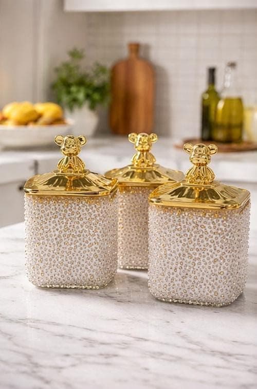 Generic Square Acrylic Spice Canister Set, Golden Bubbles, Gold-Plated Lid with Bear Figurine, 3 Pieces in Different Sizes, .p
