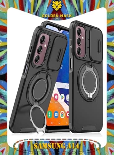 GOLDEN MASK For Samsung Galaxy A14 4G/A14 5G Sliding Camshield Ring Holder Phone Case (Black) Cellular phone case