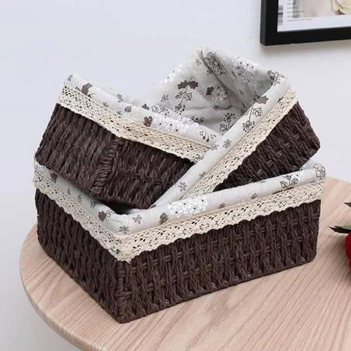 Woven Rattan 3pc Storage Basket Set, Patterned Linen Lining & Metal Base