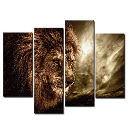 First Wall Art 4 Panel Brown Fierce Lion Against Stormy Sky Painting The Picture Print On Canvas Animal Pictures For Home Decor Decoration Gift Piece Stretched By Wooden Frame Ready To Hang
