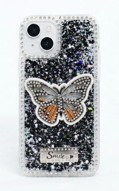 Butterfly Crystal For (iphone 14/15 Plus) Protective Case Glittery Back Cover Rhinestone Frame For Girls Shockproof Protection For Girls (Black) Cellular phone case