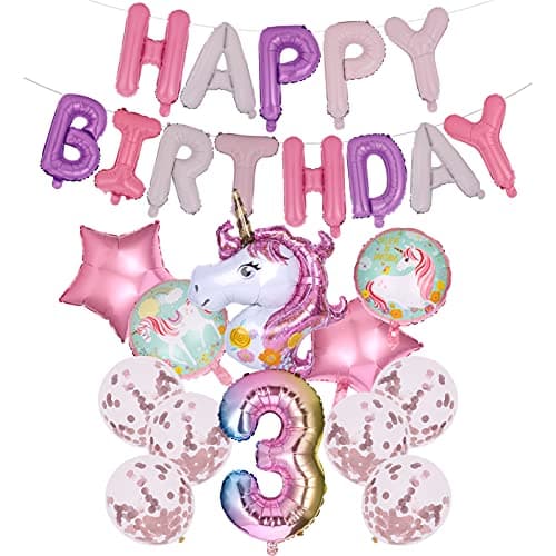 SOSPIRO 3rd Unicorn Birthday Party Decorations-Large Number 3 Foil Balloon, 3D Unicorn Balloon, Pink Latex Balloons, Confetti Balloon, Happy Birthday Banner, 3 Year Party Supplies for Baby Girls Party decoration pack