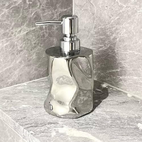 Generic Soap Dispenser Set with Stand, Silver and White, 400ml, 2 Pieces, Pump Bottle for Bathroom, .soh