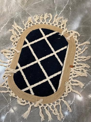 Generic Handmade Round Rug, Black and Beige, Tasselled Border, for Bedroom, Kitchen or Bathroom Doormat, .soh