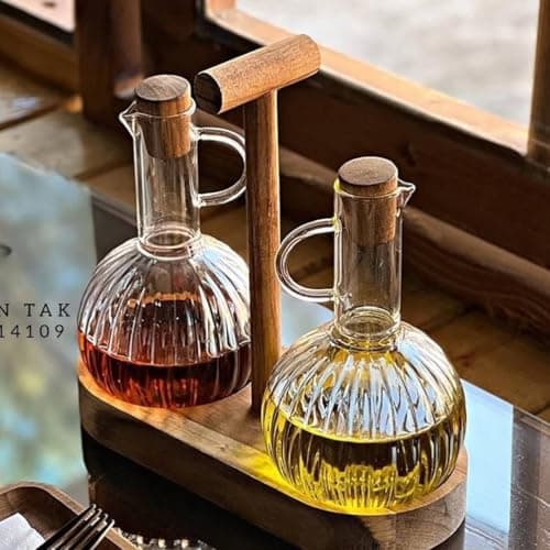 Generic Glass Oil and Vinegar Dispenser Set, 220ml, with Wooden Holder and Wooden Cap, 2 Pieces, .mk Bottle