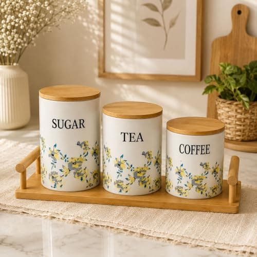 Generic Sugar, Tea, and Coffee Jar Set with Airtight Wooden Lids, Bamboo Tray, Floral Design, 3 Pieces, .Ais