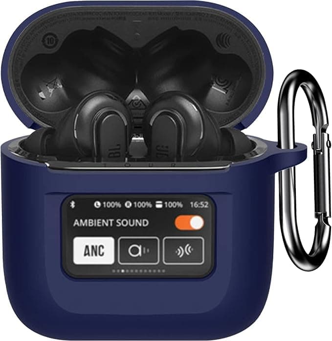 ELMO3EZZ Case Cover for JBL Tour Pro 2, Dark Blue Silicone Protective Shockproof Earbuds Case with Keychain, 2023 Compatible, LCD Touch Screen Visible, Waterproof (Blue) Cellular phone case