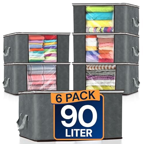 Reli. 90L Large Clothes Storage Bags (6 Pack) Closet Organizers and Storage Containers | Foldable Storage Bins with Lids & Handles | Clothes Storage for Towels, Comforters, Blanket Storage | Grey Storage box