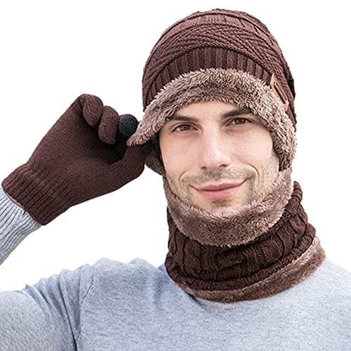 Qckarobe Winter Knit Caps Scarf and Gloves Set for Men Women Windproof Warm Scarf Collar, Hat and Touch Screen Gloves Warm with Wool Lining, Gray, One Size Apparel