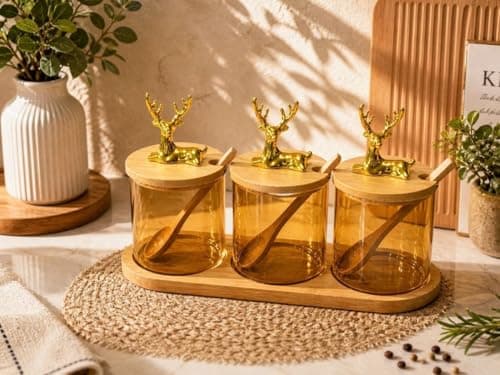 Generic Glass Spice Jar Set with Wooden Lids, Spoons and Stand, Honey Colour, Gold Deer Design, 400 ml, 3 Piece, .Ais Food storage container