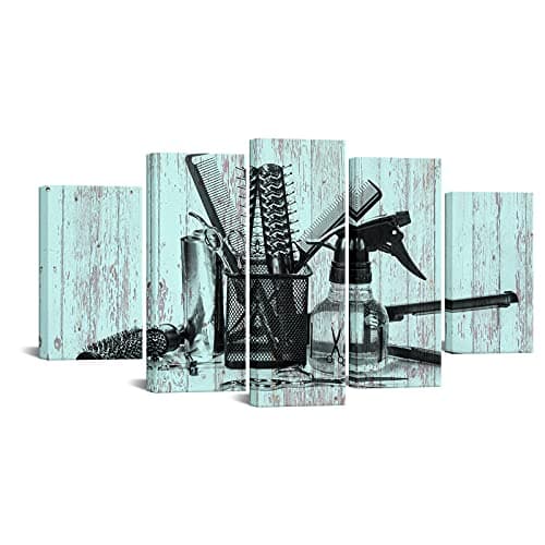 Nachic Wall - Large 5 Piece Canvas Wall Art Barber Shop Hairdressing Tools with Teal Wood Background Picture Poster for Bedroom Hair Salon Decoration Stretched and Framed Ready Hanging on