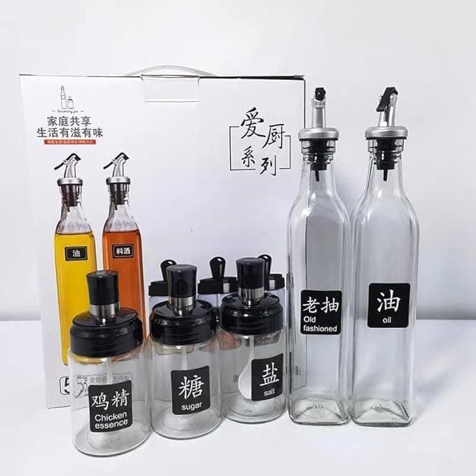 5-Piece Kitchen Oil and Vinegar Dispenser Set Glass Cruet Storage Bottles