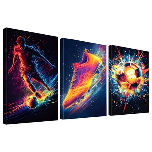 KiKiHong 3 x Wall Pictures Football 30 x 40 cm Neon Football Poster with | Sporty wall decoration for boys' room, living room, bedroom